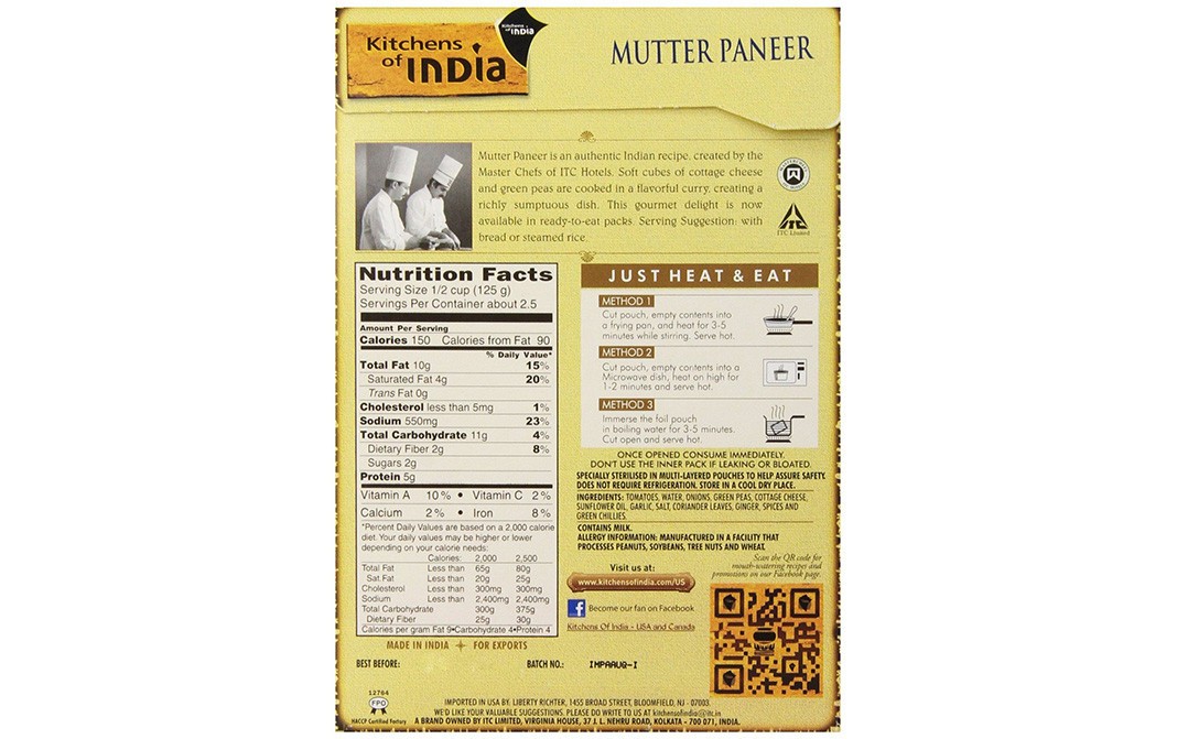 Kitchens Of India Green Peas & Cottage Cheese Curry Mutter Paneer   Box  285 grams